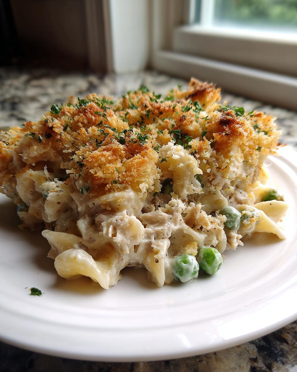 A close-up serving of creamy tuna noodle casserole topped with crispy breadcrumbs and parsley.