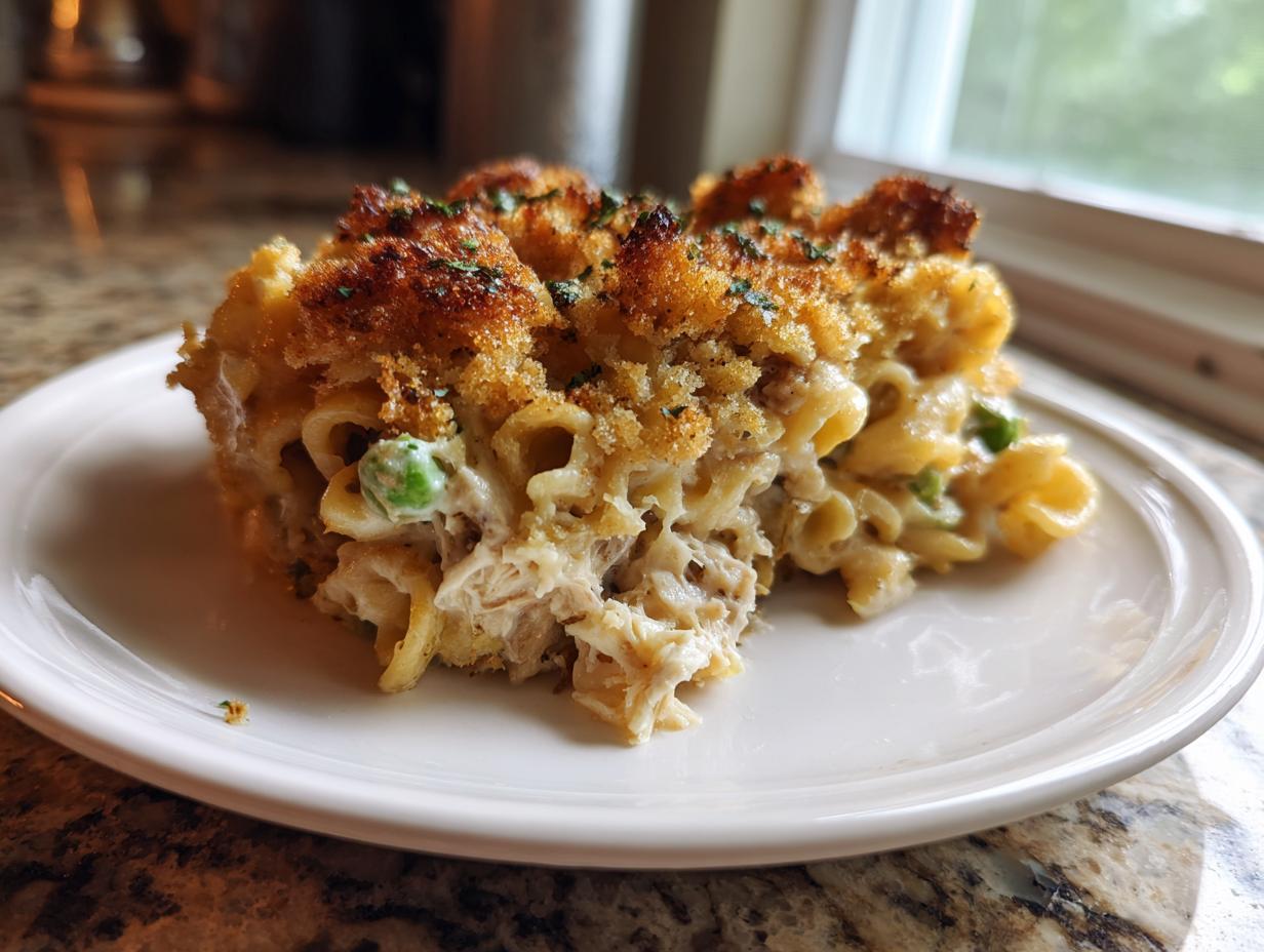 A generous serving of creamy tuna noodle casserole with a crispy, browned breadcrumb topping on a white plate.