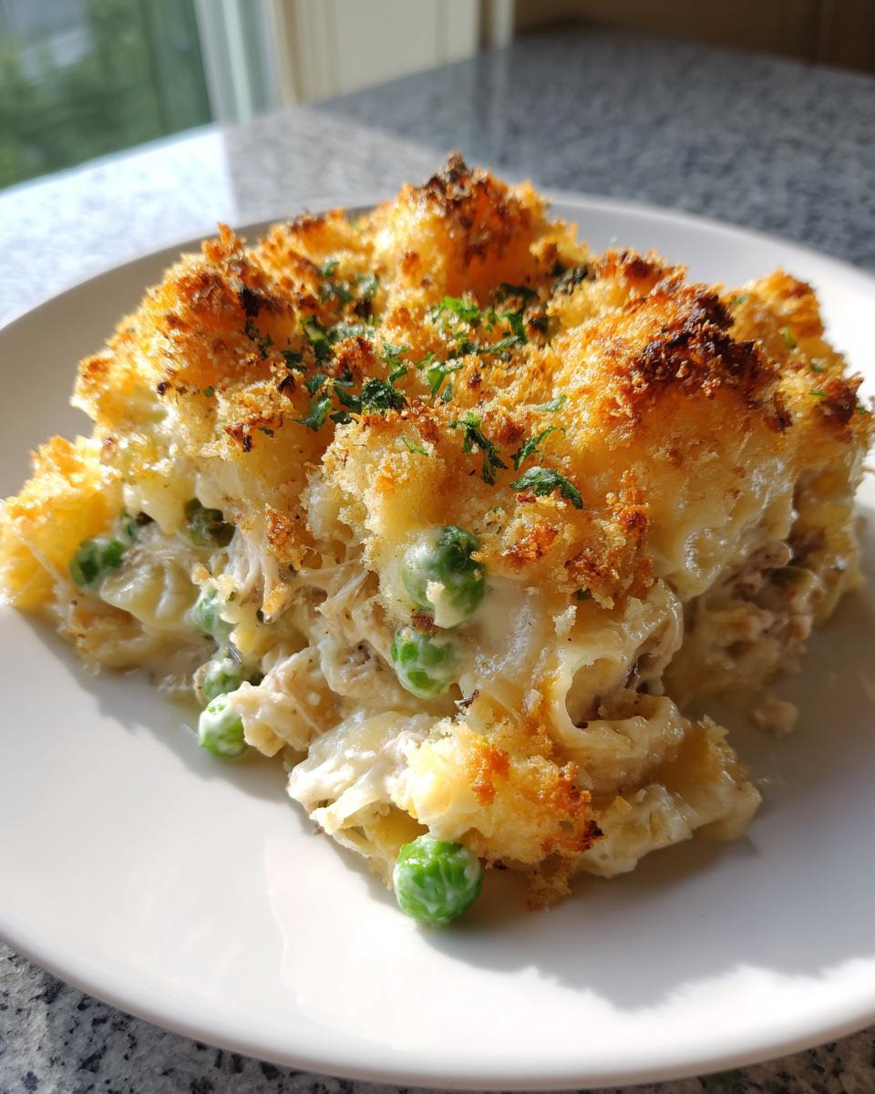 A square serving of creamy tuna noodle casserole topped with golden brown breadcrumbs and green peas.