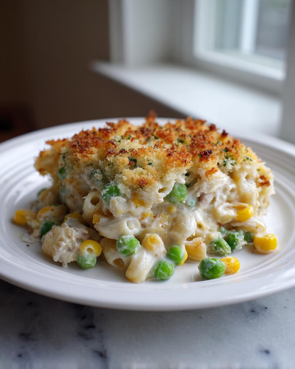 A serving of creamy tuna pasta bake with macaroni, peas, and corn, topped with golden breadcrumbs.