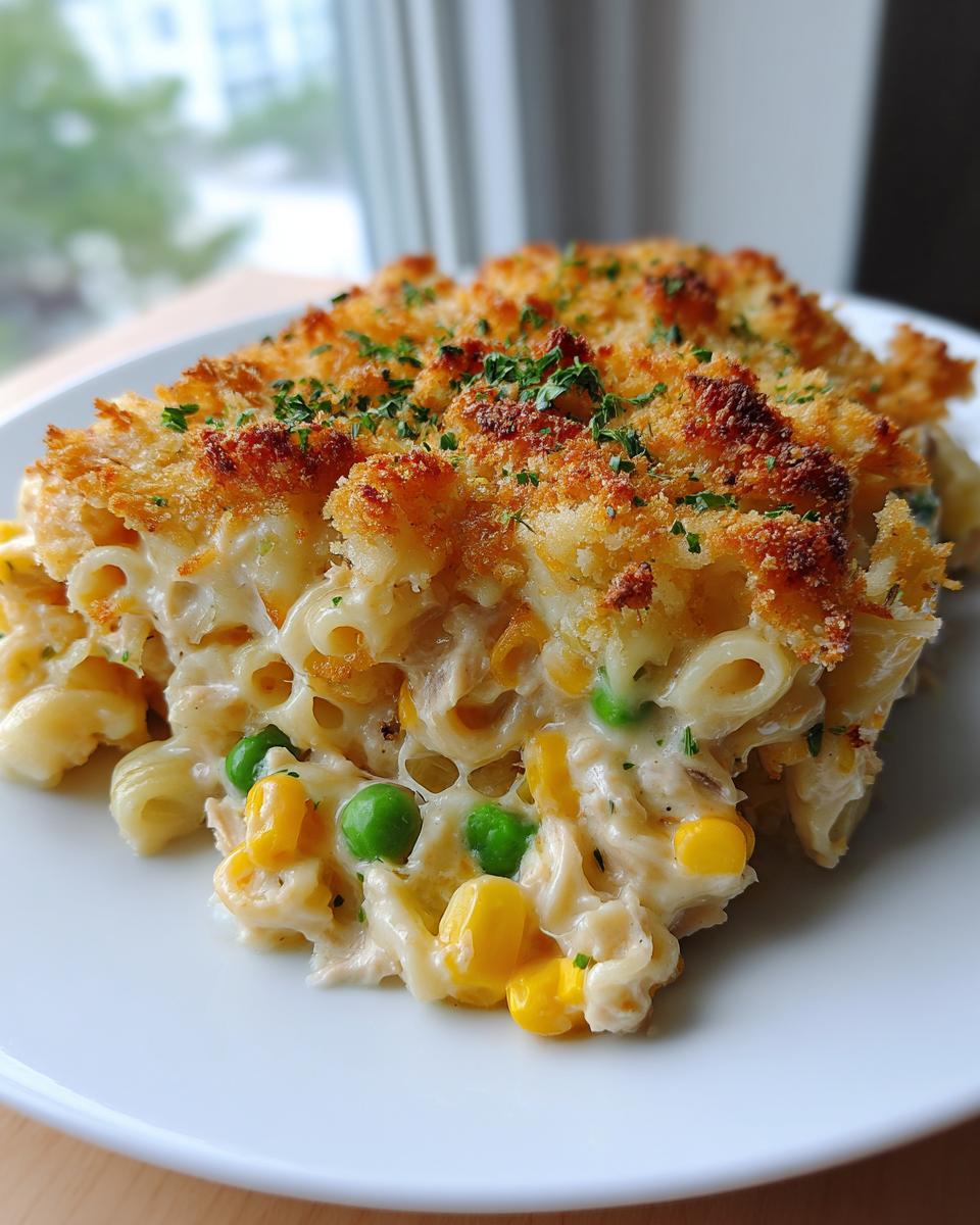 A close-up serving of creamy tuna pasta bake featuring elbow macaroni, corn, and peas, topped with a golden, crunchy breadcrumb crust.