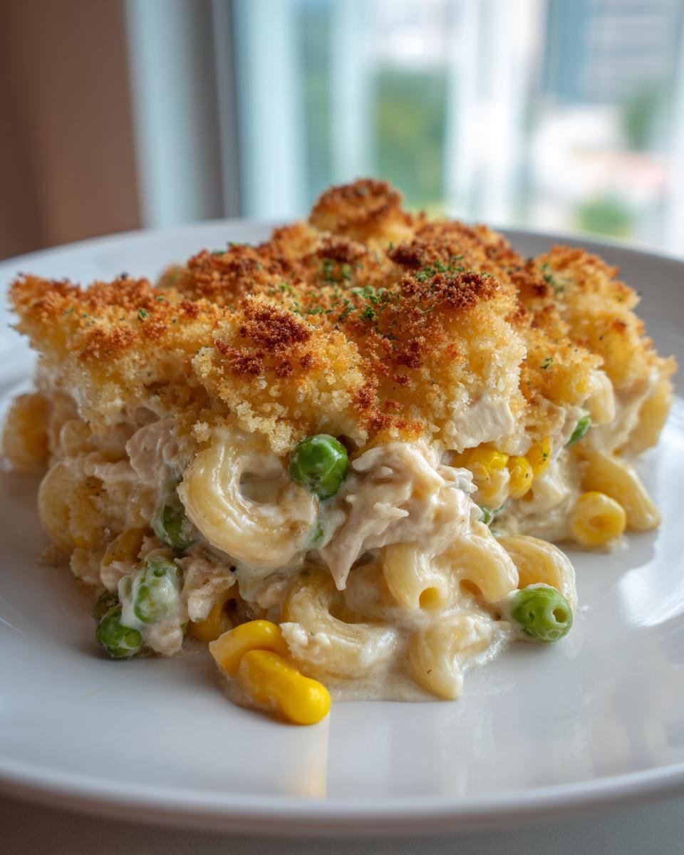 A close-up of a serving of creamy tuna pasta bake with peas and corn, topped with golden breadcrumbs.