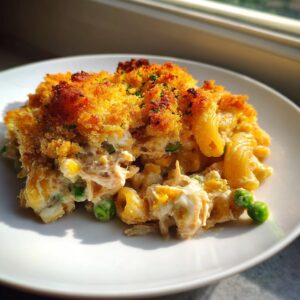 A close-up serving of creamy tuna pasta bake featuring elbow macaroni, peas, and a golden, crunchy breadcrumb topping.