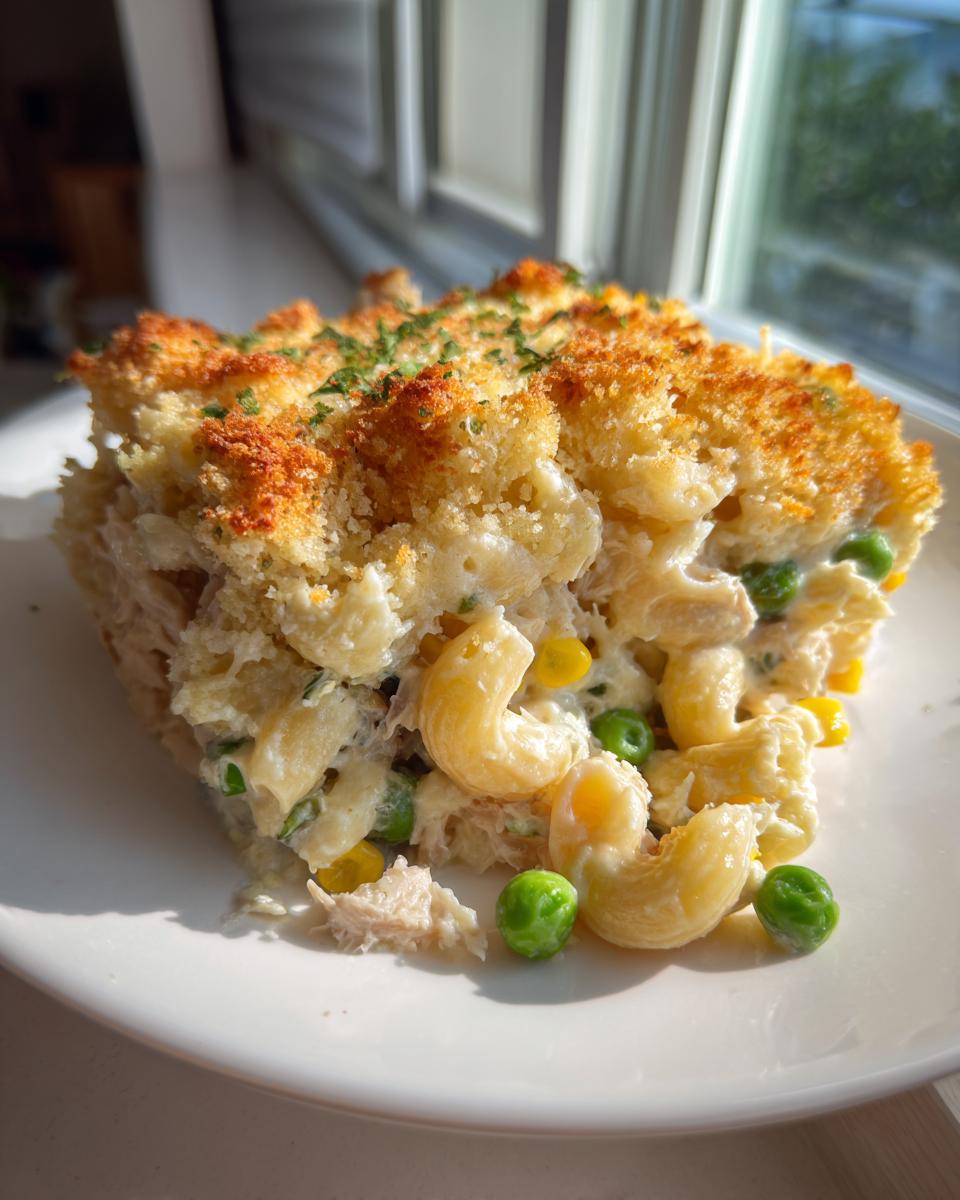 A square serving of creamy tuna pasta bake with macaroni, peas, and corn, topped with golden breadcrumbs.