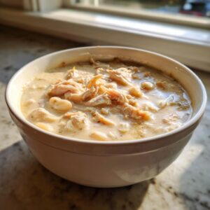 A close-up of a creamy bowl of white chicken chili recipe, featuring shredded chicken and white beans.