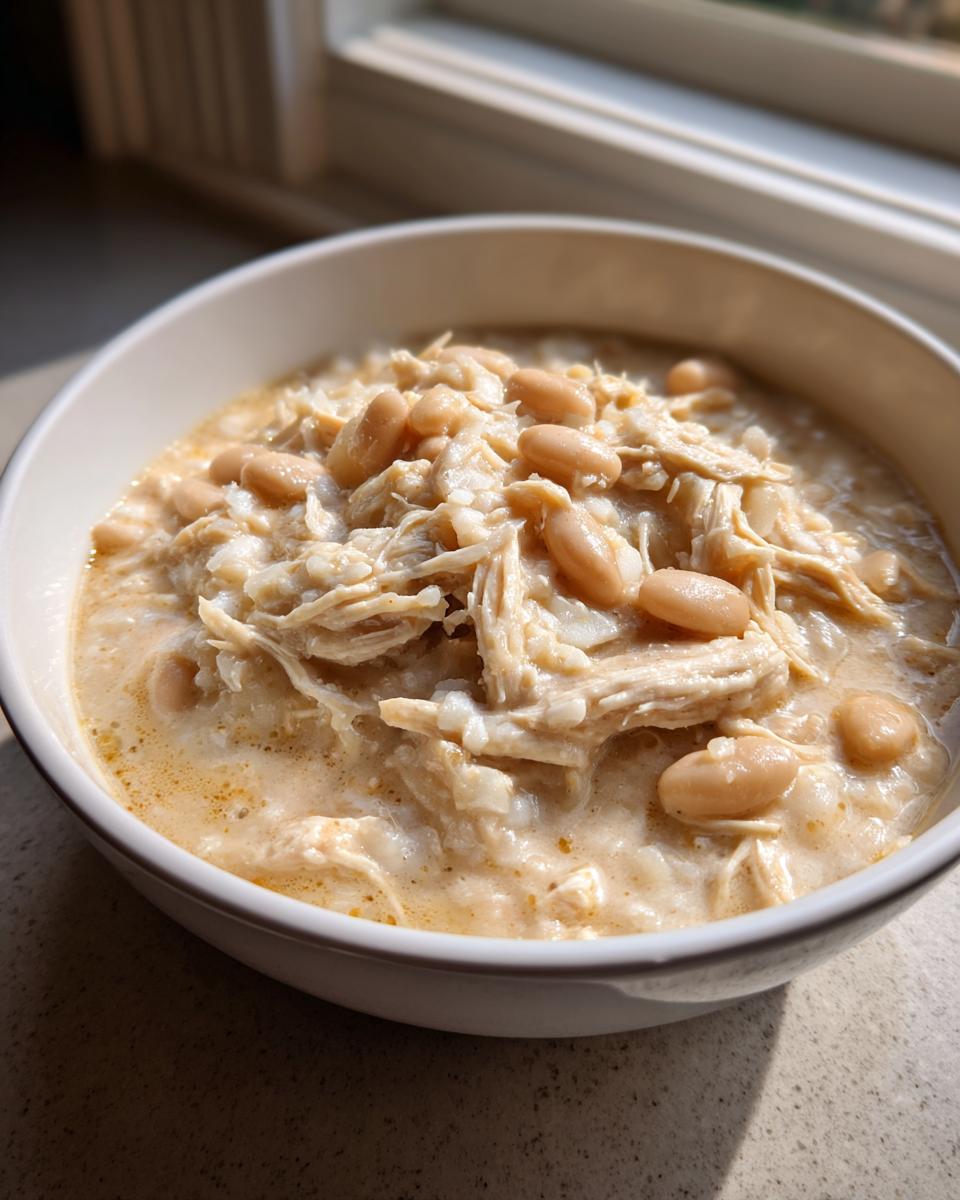 A close-up of a creamy white chicken chili recipe served in a white bowl, topped with white beans.