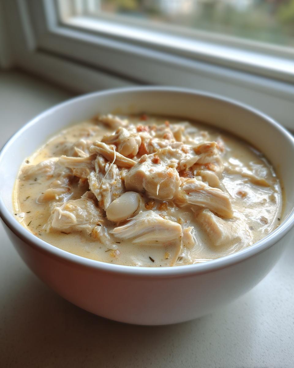 Close-up of a creamy white chicken chili recipe bowl filled with shredded chicken and white beans.