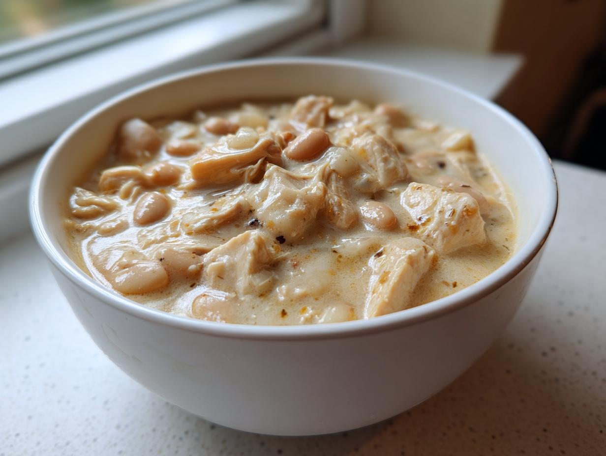 Close-up of a creamy white chicken chili recipe served in a white bowl, featuring chunks of chicken and white beans.
