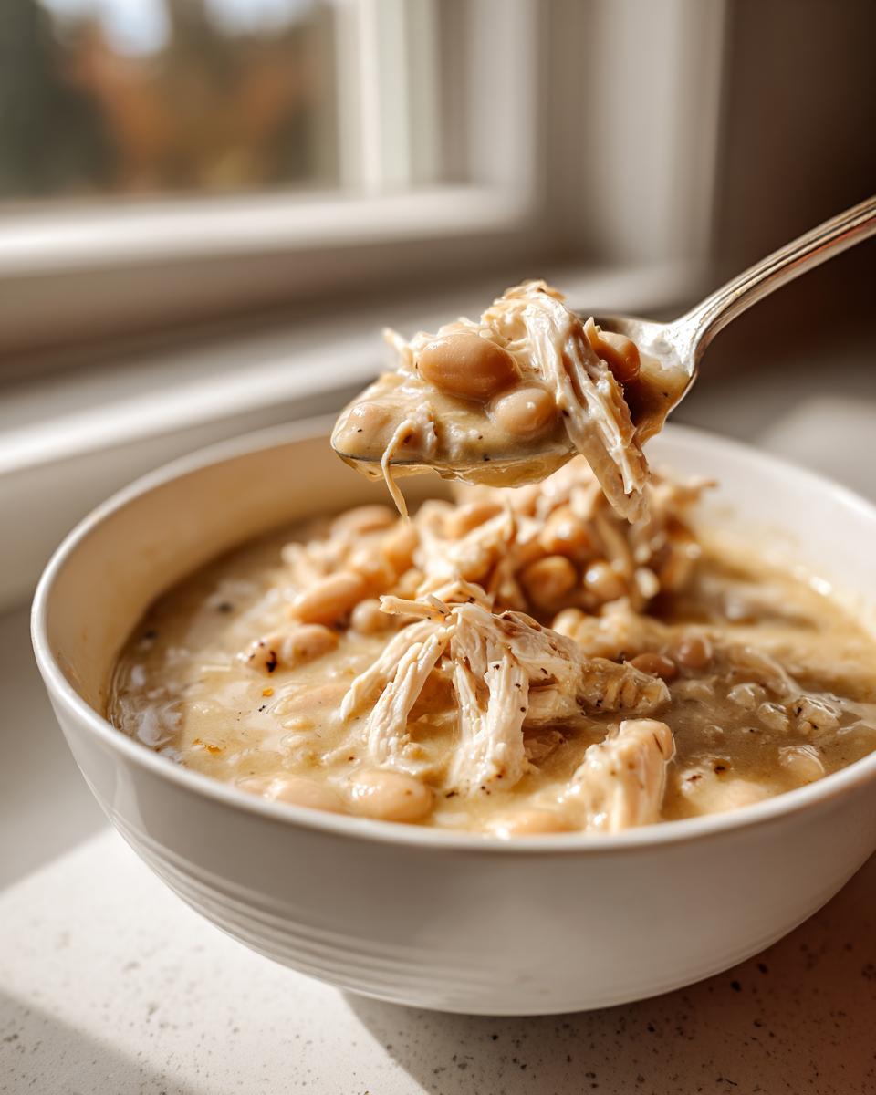 A spoonful of creamy white chicken chili recipe, showing shredded chicken and white beans, lifted from a white bowl.