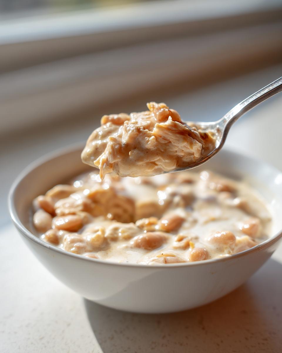 A spoonful of creamy white chicken chili recipe, full of shredded chicken and white beans, lifted from a white bowl.