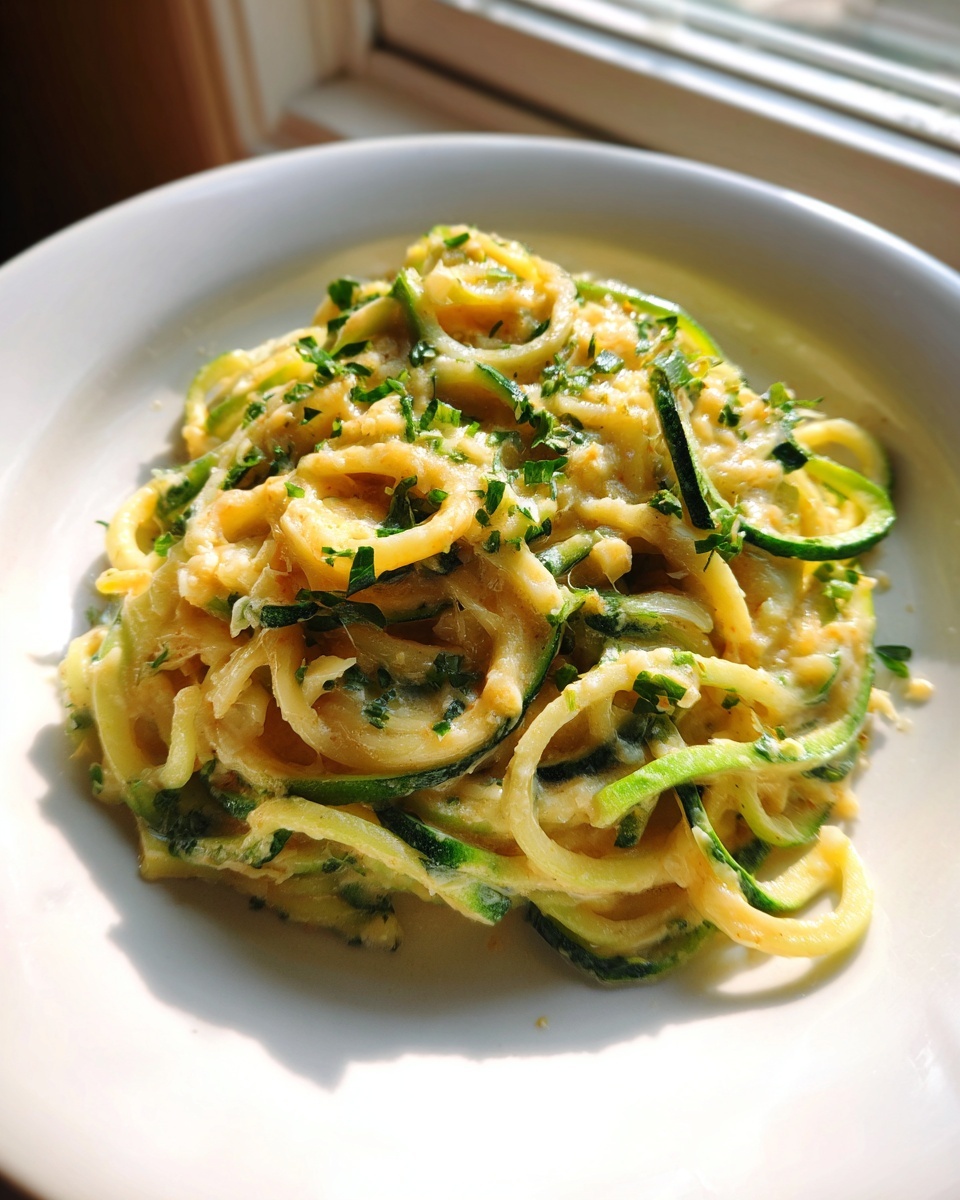 Close-up of creamy zucchini noodles tossed in a light sauce and topped with fresh parsley.