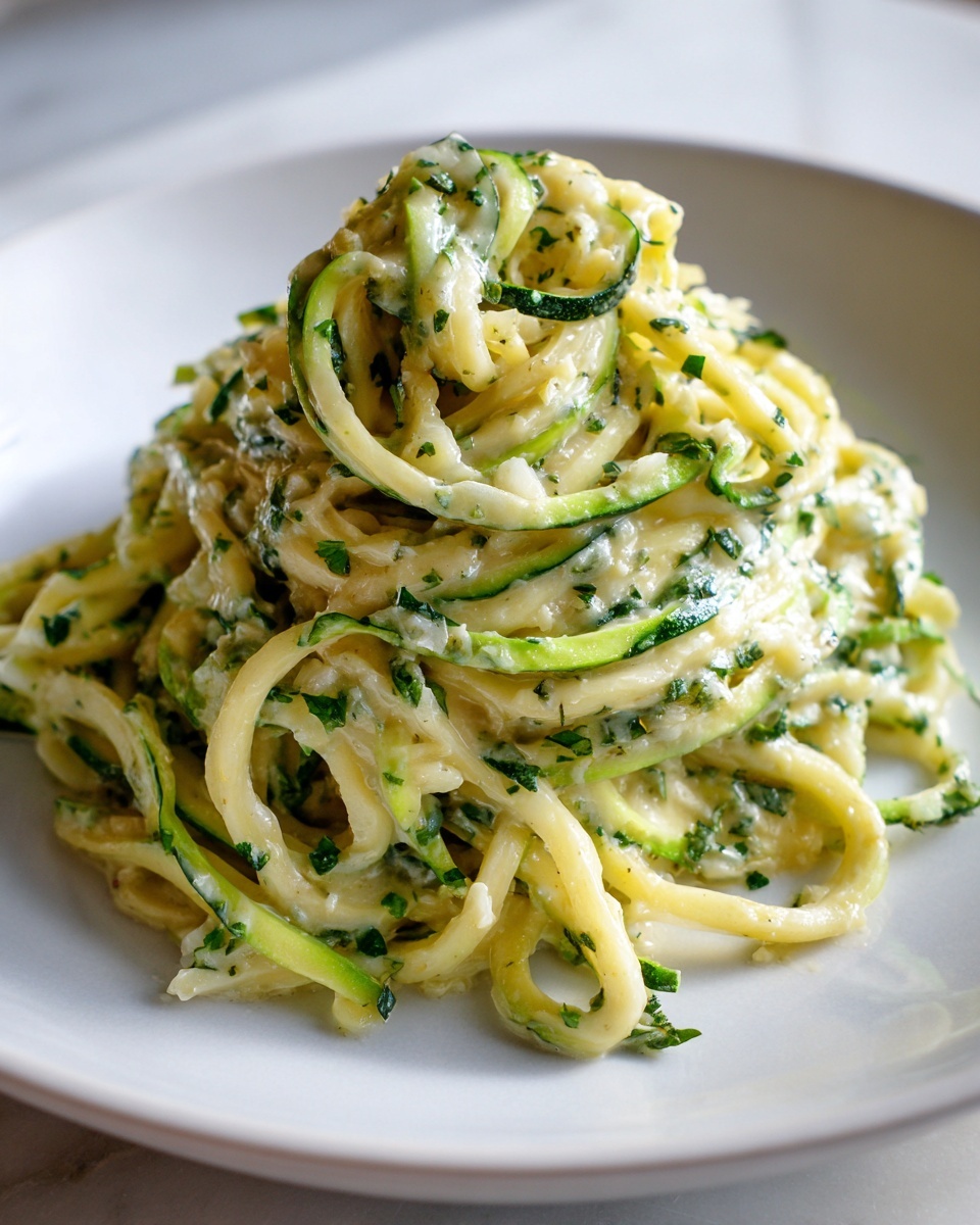 Close-up of creamy zucchini noodles tossed with a light sauce and fresh parsley, served on a white plate.