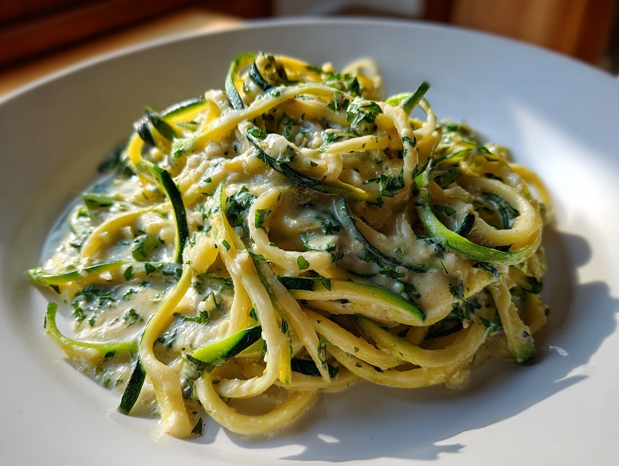 A close-up of creamy zucchini noodles tossed in a light sauce and fresh parsley, showcasing vibrant zucchini noodles.