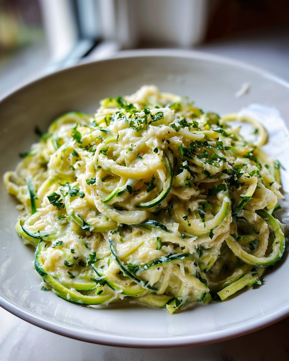 Close-up of a bowl filled with creamy zucchini noodles, topped with grated cheese and fresh parsley.