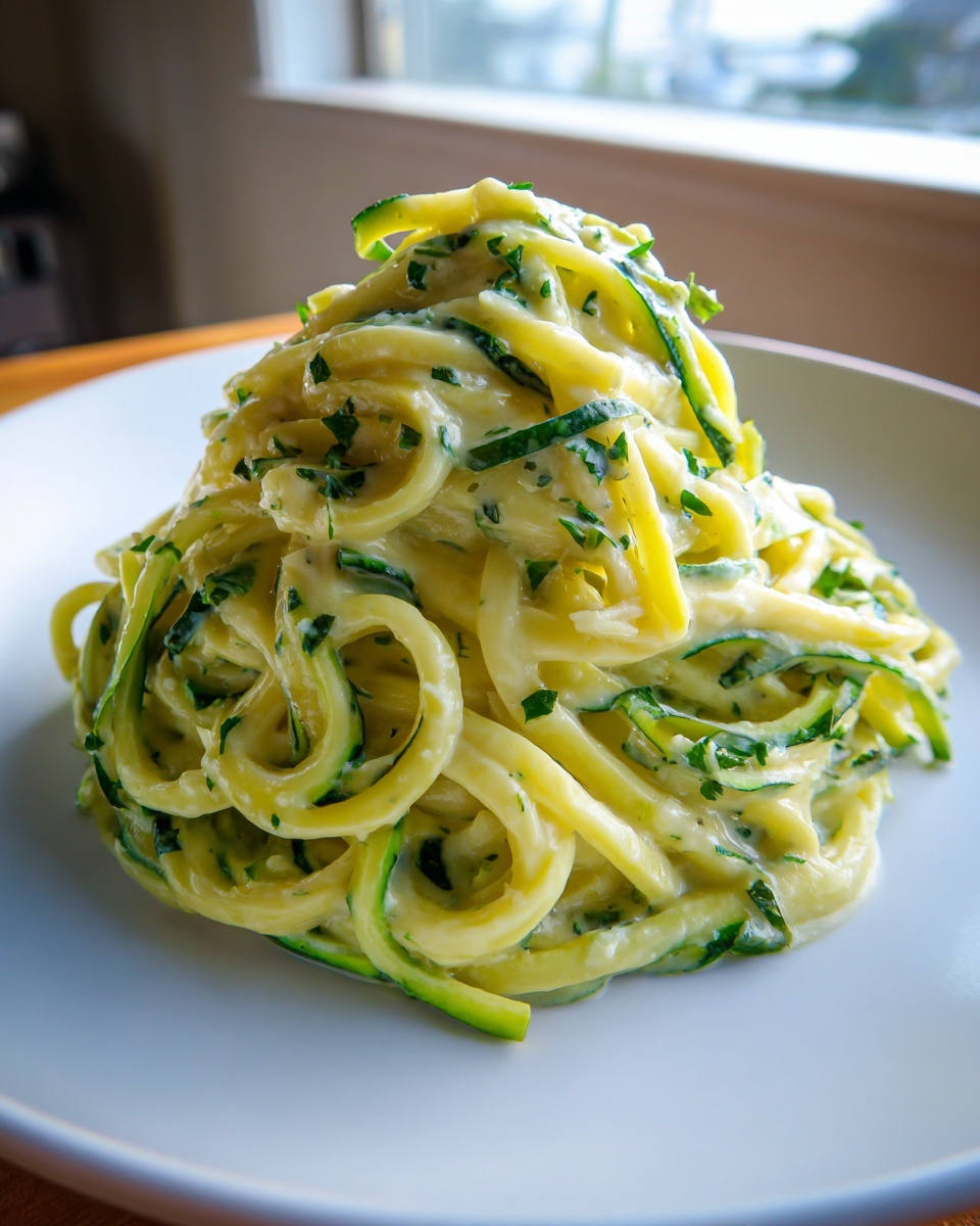 A mound of creamy zucchini noodles tossed in a light sauce and topped with chopped green herbs.