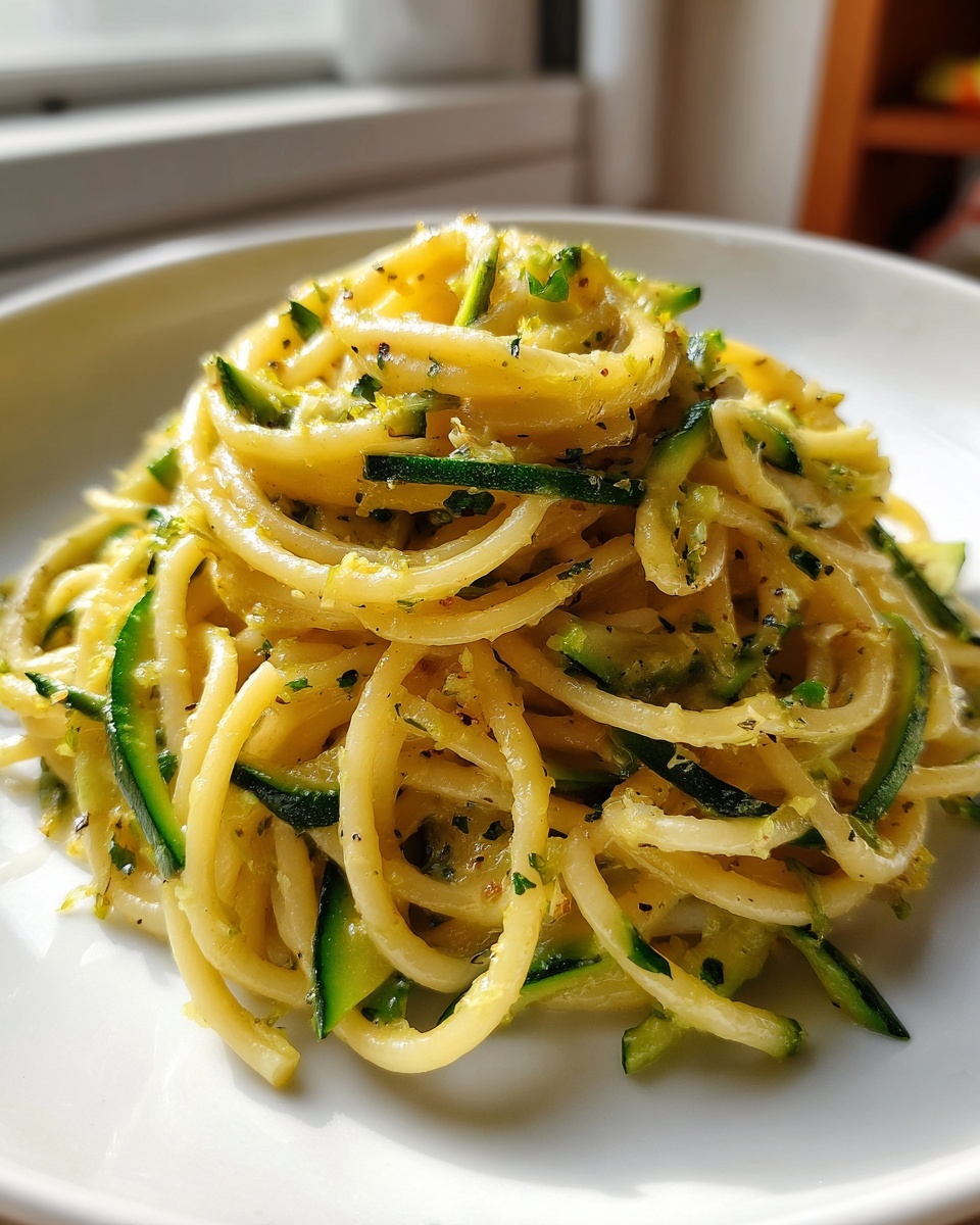 A close-up shot of a serving of creamy zucchini pasta tossed with ribbons of dark green zucchini.