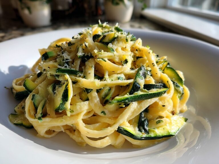 A close-up shot of a serving of creamy zucchini pasta tossed with ribbons of green zucchini and topped with grated cheese.