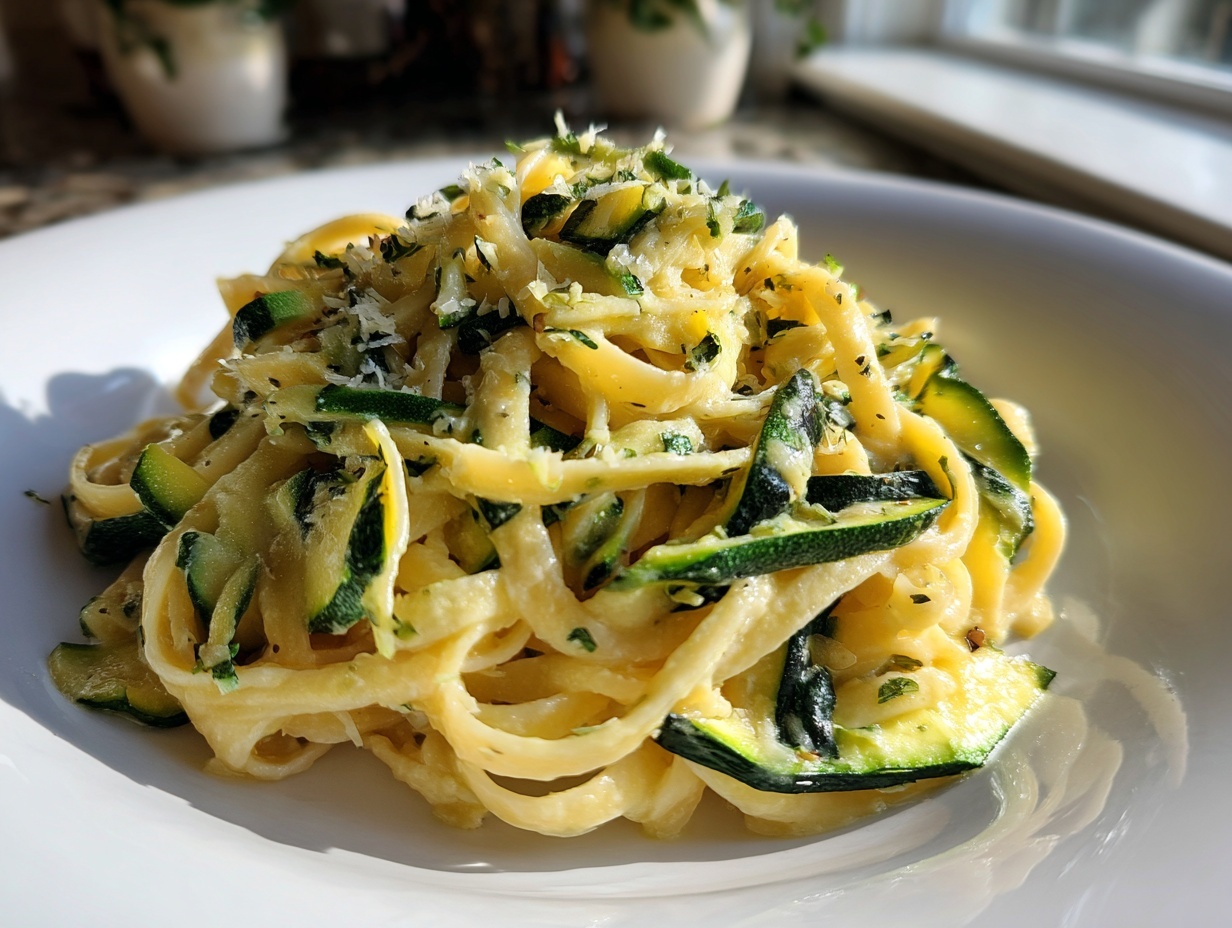 A close-up shot of a serving of creamy zucchini pasta tossed with ribbons of green zucchini and topped with grated cheese.
