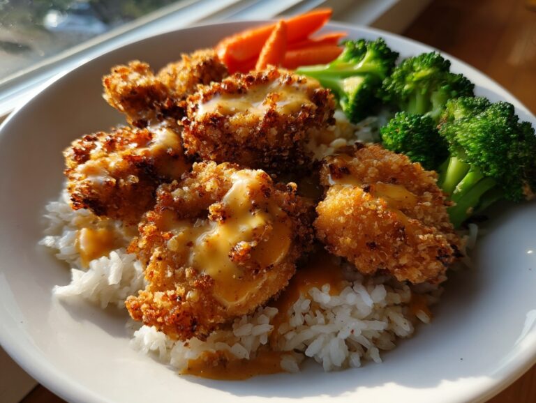 Close-up of crispy, sauced Bang Bang Chicken pieces served over white rice with steamed broccoli and carrots.
