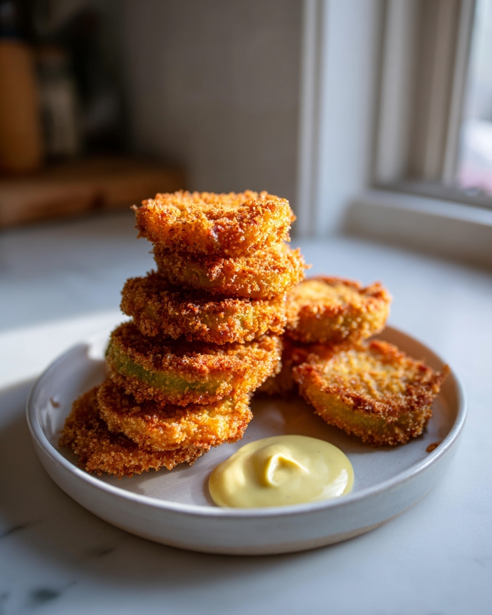 A tall stack of golden brown, crispy fried green tomatoes served on a white plate with a dollop of yellow dipping sauce.