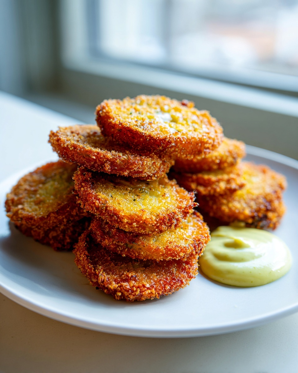 A stack of perfectly golden brown fried green tomatoes served with a dollop of creamy dipping sauce on a white plate.