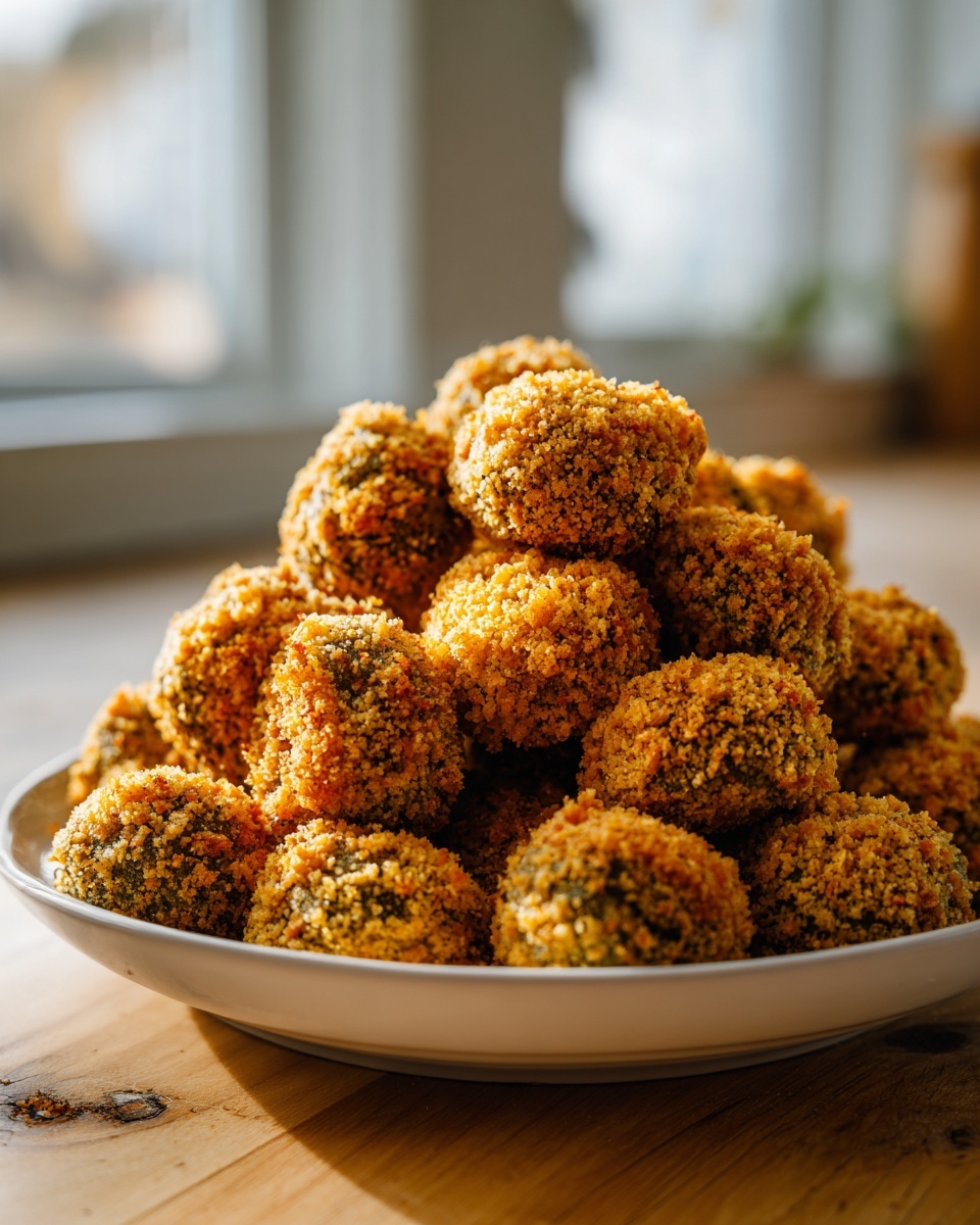 A white bowl overflowing with golden, crispy fried okra balls piled high on a wooden table.