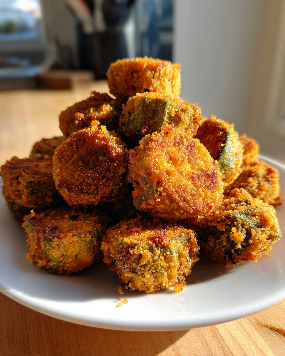 A mound of golden brown, crispy fried okra pieces stacked high on a white plate.