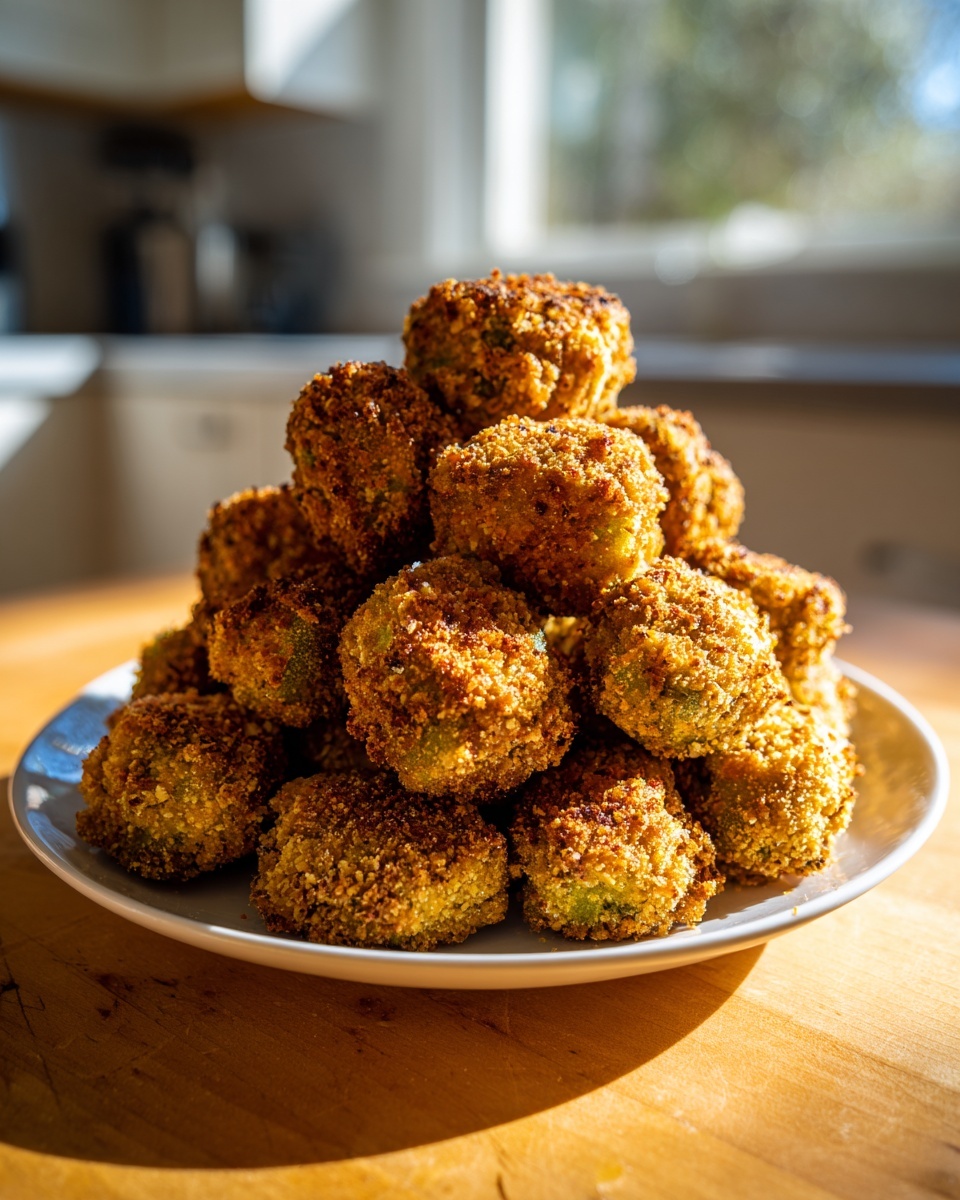 A tall stack of golden brown, crispy fried okra pieces piled high on a white plate.