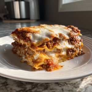 A generous, layered slice of crockpot lasagna topped with gooey, melted mozzarella cheese, served on a white plate.