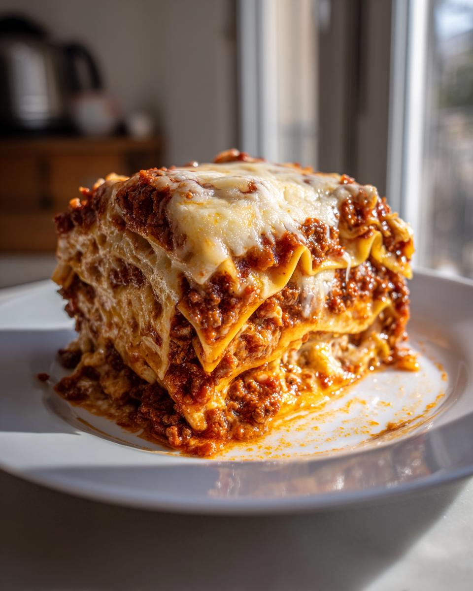A tall, cheesy slice of crockpot lasagna with rich meat sauce, served on a white plate.