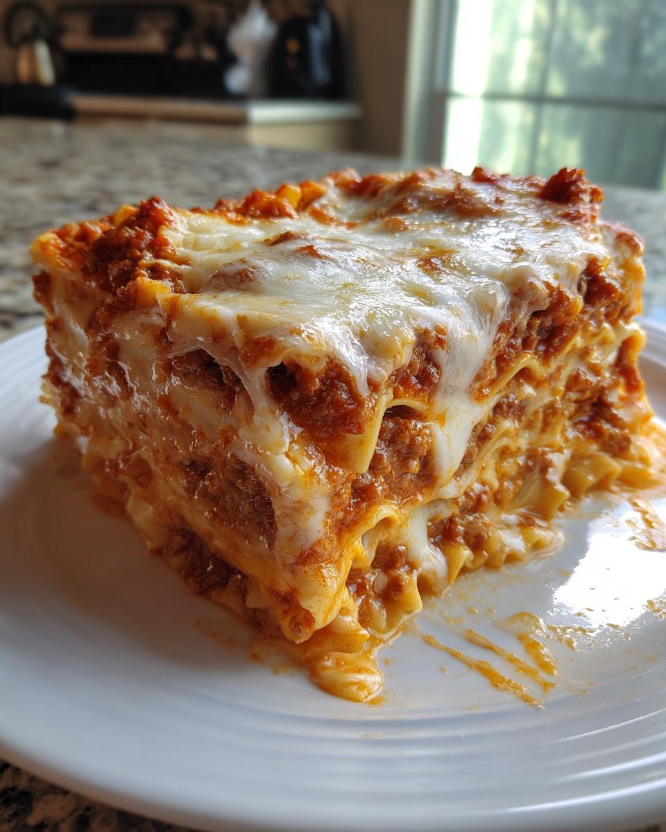 A thick, cheesy slice of crockpot lasagna with layers of pasta, meat sauce, and melted mozzarella cheese on a white plate.