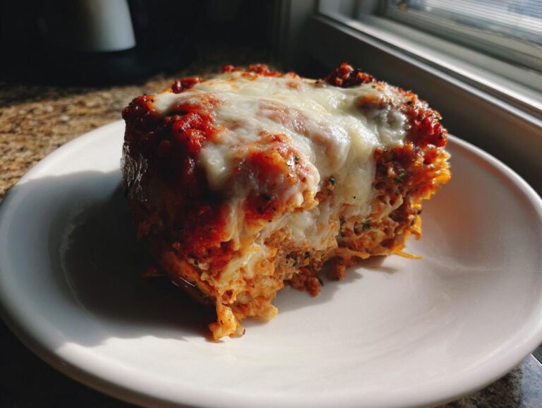 A close-up of a hearty slice of crockpot lasagna topped with melted mozzarella cheese and rich tomato sauce.