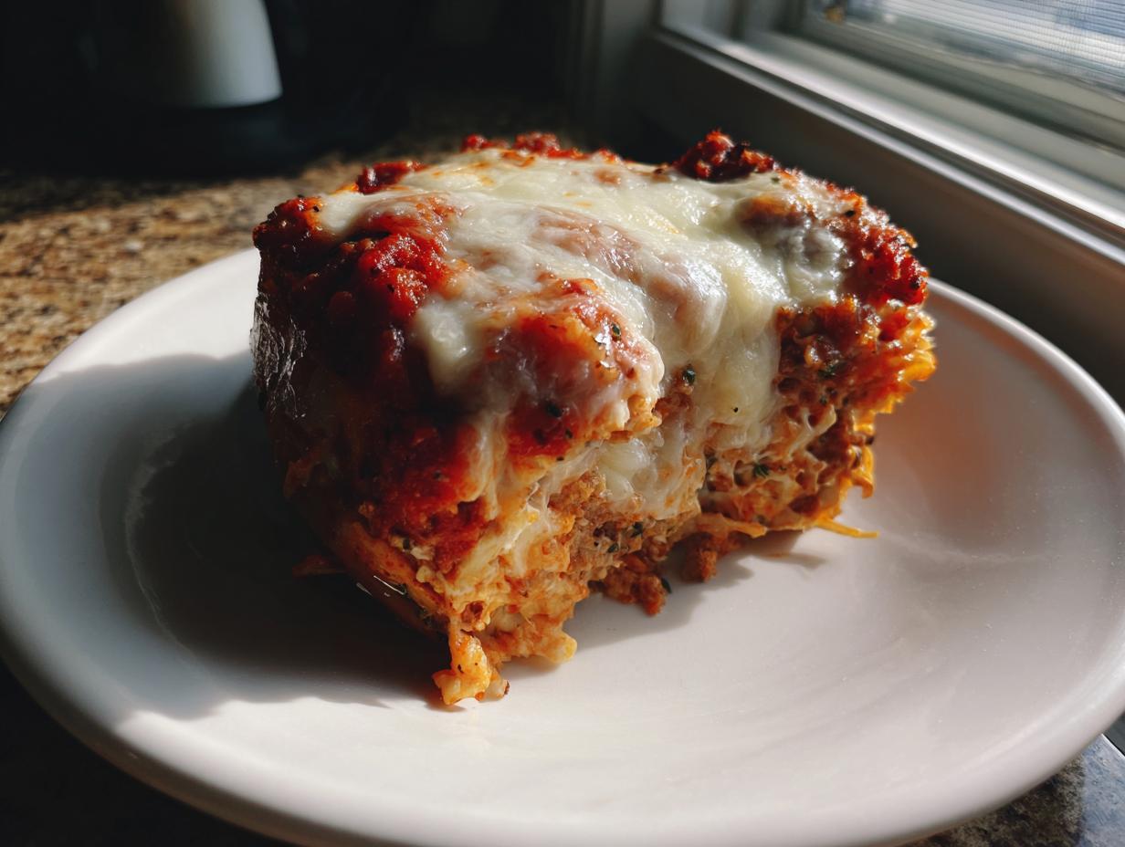 A close-up of a hearty slice of crockpot lasagna topped with melted mozzarella cheese and rich tomato sauce.