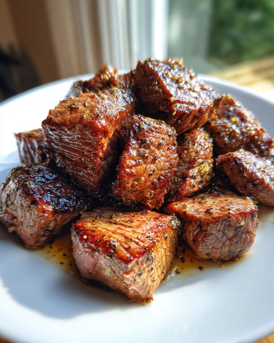 Close-up of tender, seasoned crockpot steak bites glistening with sauce on a white plate.