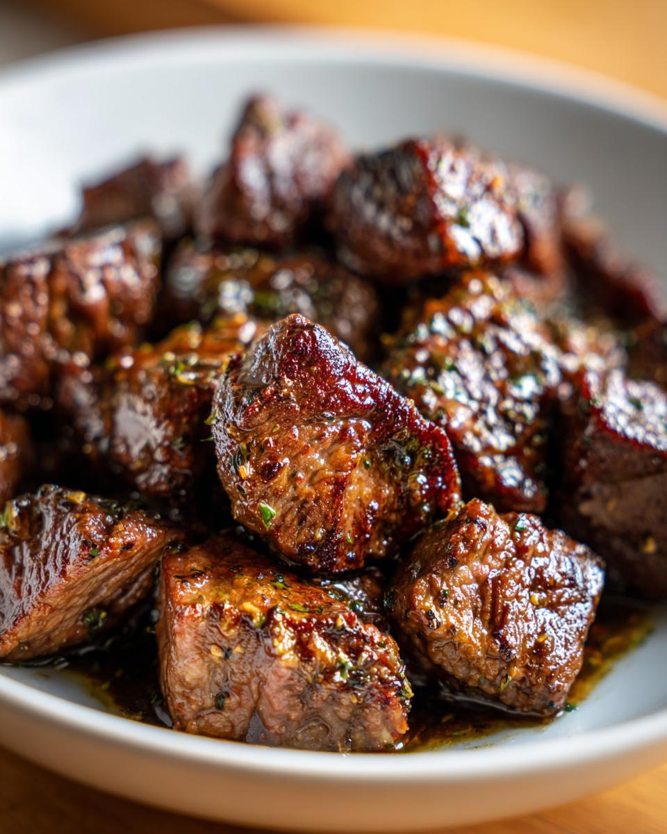 Close-up of tender, saucy crockpot steak bites seasoned with herbs in a white bowl.