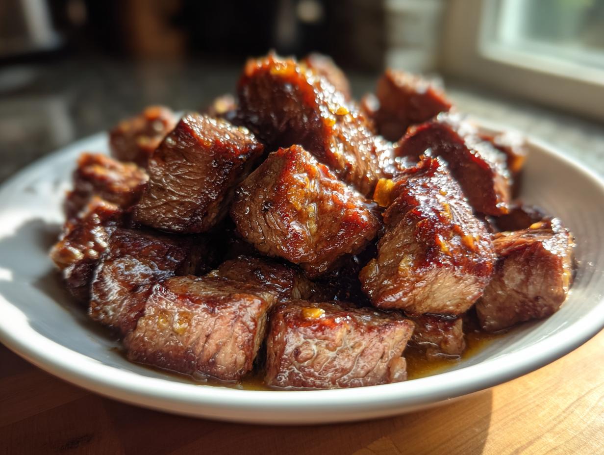 Close-up of glossy, tender crockpot steak bites piled high in a white bowl, glistening with sauce.
