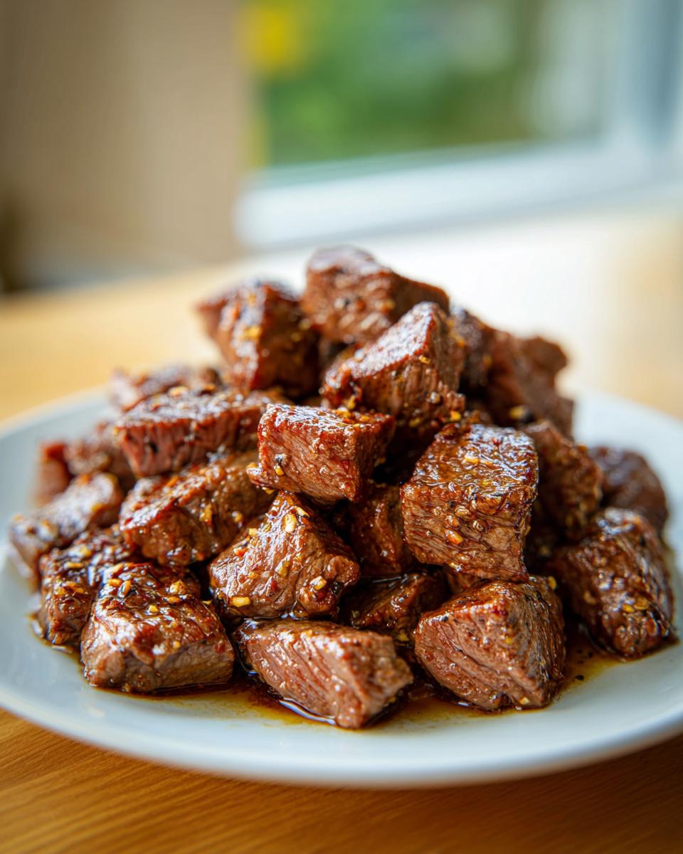 A pile of juicy, glazed crockpot steak bites seasoned with visible spices, served on a white plate.