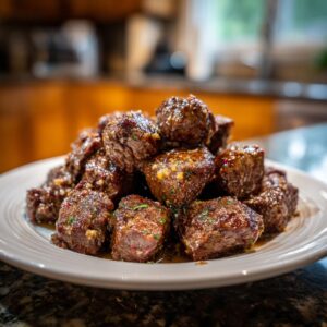 A pile of glossy, tender crockpot steak bites seasoned with garlic and herbs on a white plate.