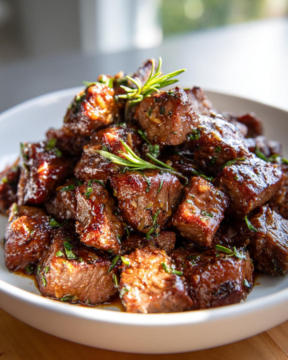 Close-up of tender crockpot steak bites coated in a savory glaze and garnished with fresh rosemary.