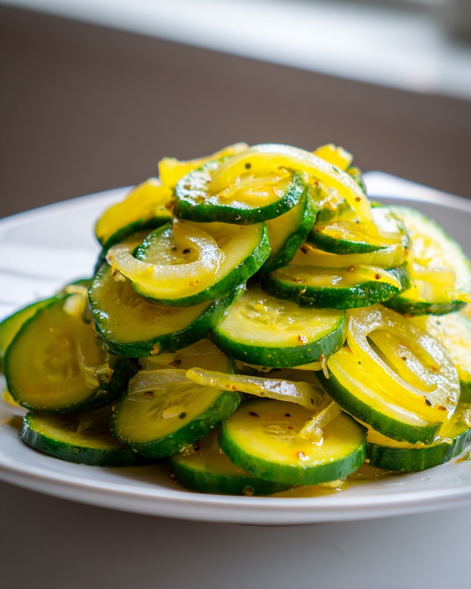 Close-up of bright yellow marinated cucumber slices and onions, ready to eat as bread and butter pickle.