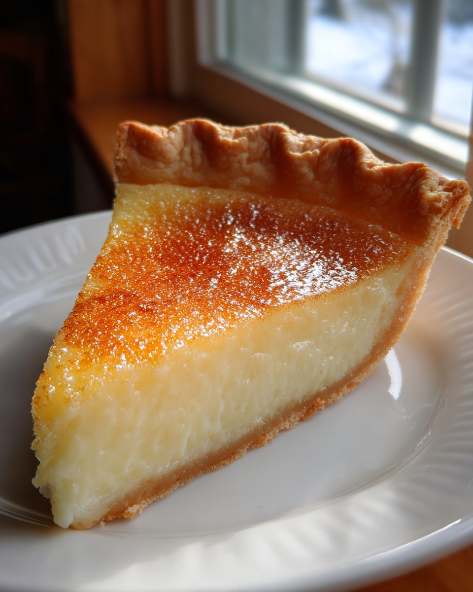 A thick slice of creamy custard pie with a golden-brown, slightly caramelized top, served on a white plate.