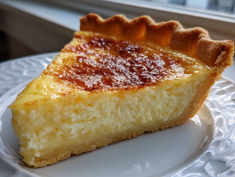 A close-up slice of homemade custard pie showing a thick, creamy filling and a deeply browned top crust.