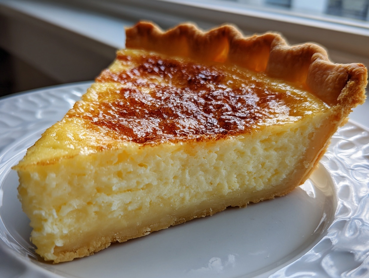 A close-up slice of homemade custard pie showing a thick, creamy filling and a deeply browned top crust.