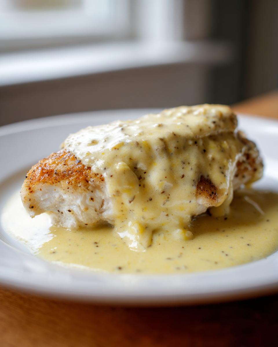A perfectly cooked piece of dijon chicken breast smothered in a creamy, speckled mustard sauce on a white plate.