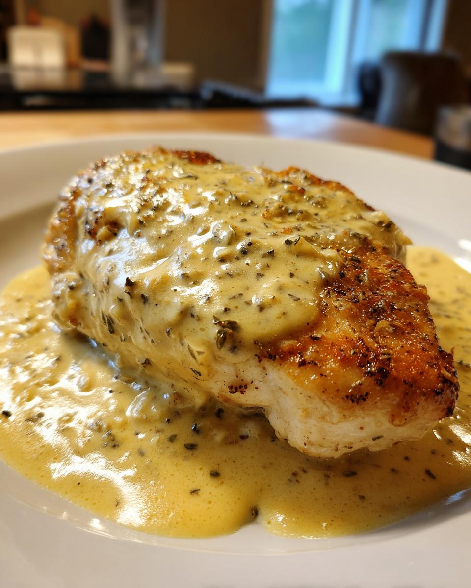 Close-up of a seared chicken breast smothered in a creamy, speckled dijon chicken sauce.
