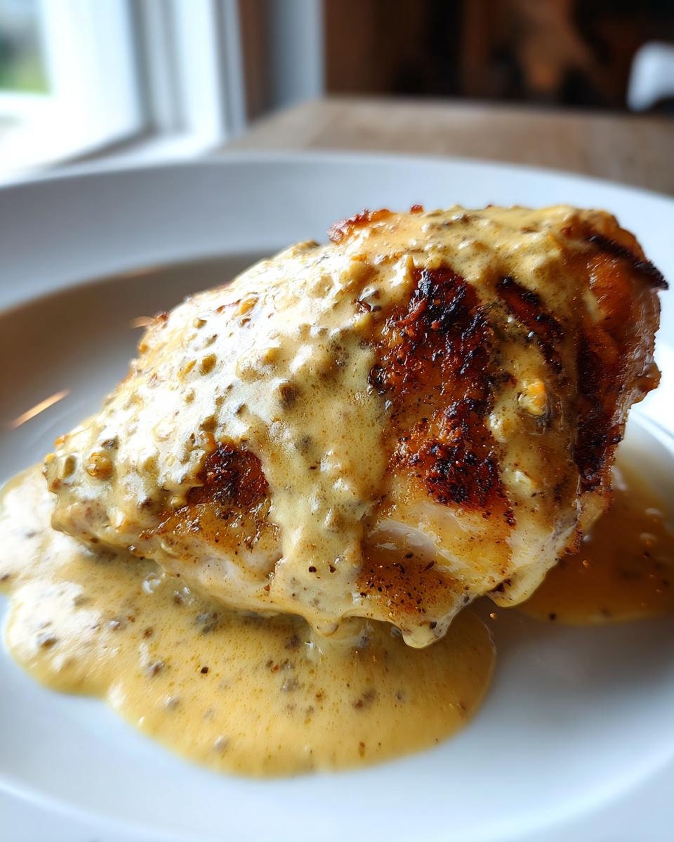 A perfectly seared piece of dijon chicken smothered in a creamy, whole-grain mustard sauce on a white plate.