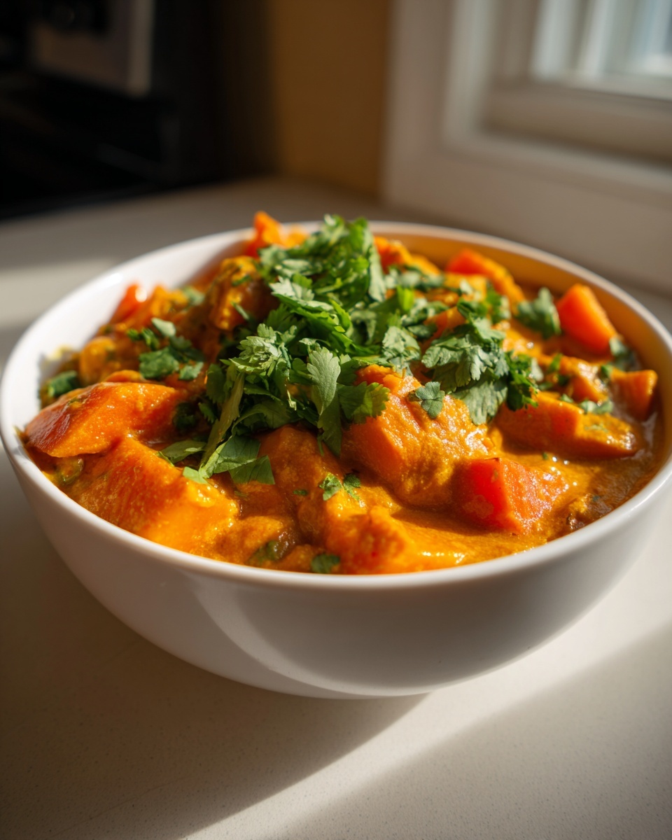 A close-up of a white bowl filled with rich, orange pumpkin curry, topped generously with fresh cilantro.