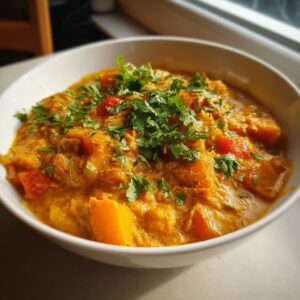 A close-up of a vibrant, orange pumpkin curry garnished generously with fresh cilantro.