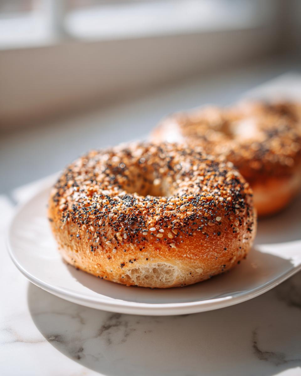 Close-up of an everything bagel made with sourdough discard, showing a golden crust and dense crumb.