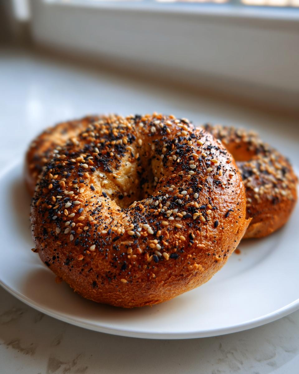 Close-up of golden brown sourdough discard bagels topped generously with everything bagel seasoning on a white plate.